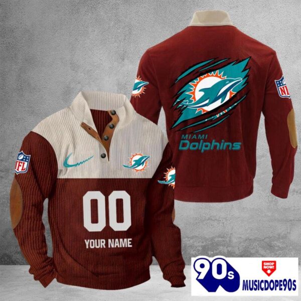 Miami Dolphins Vintage Button Up Shirts Stand Collar Long Sleeve Shirt Elbow Patches