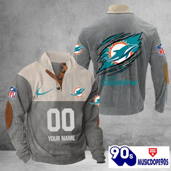 Miami Dolphins Vintage Button Up Shirts Stand Collar Long Sleeve Shirt Elbow Patches