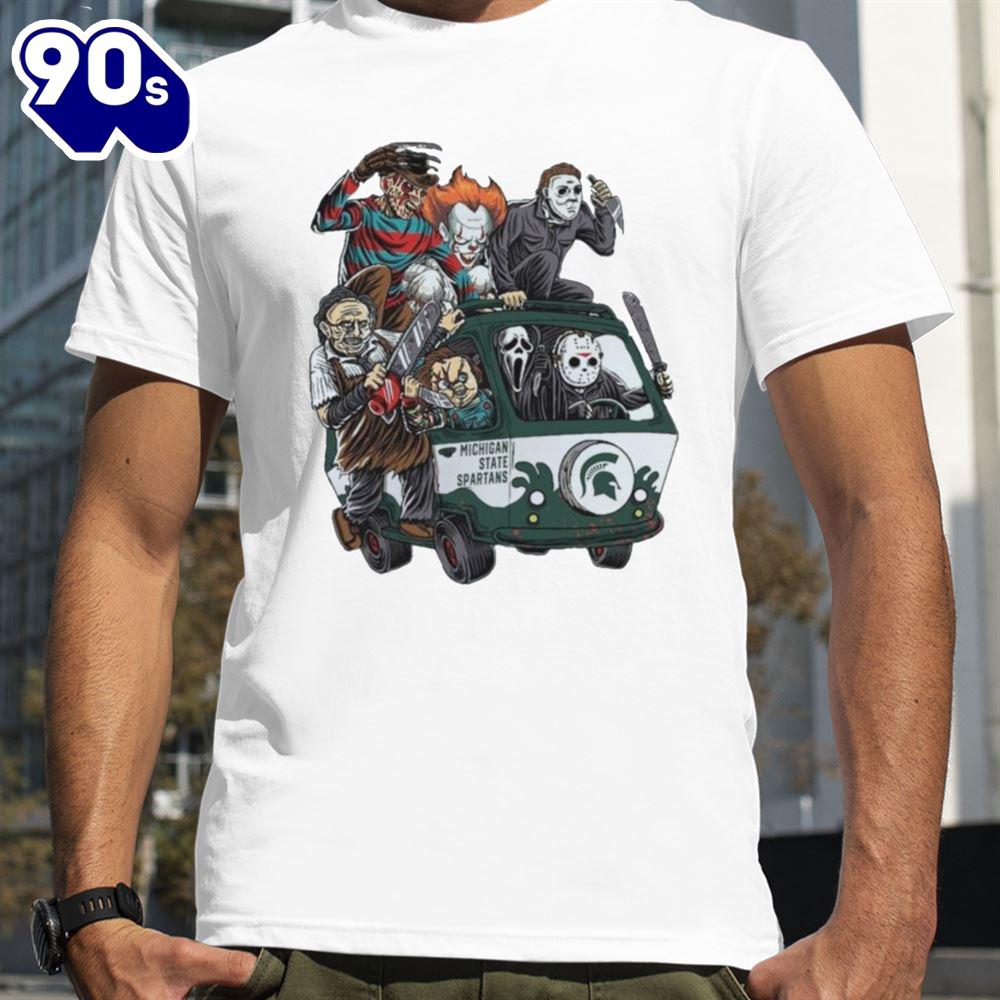 Michigan State Spartans Horror Movies Characters Bus Halloween 2024 T-Shirts Michigan State Spartans Horror Movies Characters Bus Halloween 2024 T-Shirts