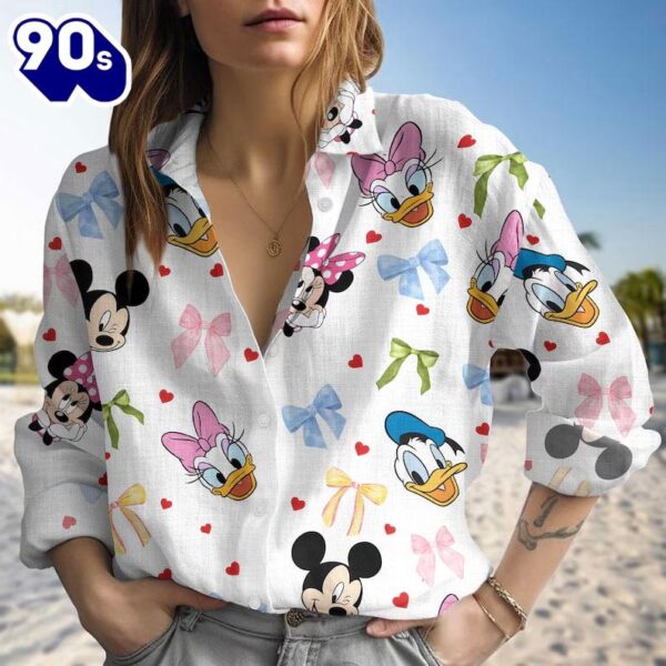Mickey Friends Linen-Look Shirt, Minnie Bow Coquette Women Shirt