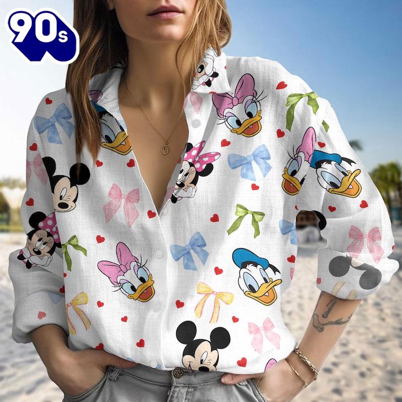 Mickey Friends Linen-Look Shirt, Minnie Bow Coquette Women Shirt Mickey Friends Linen-Look Shirt, Minnie Bow Coquette Women Shirt
