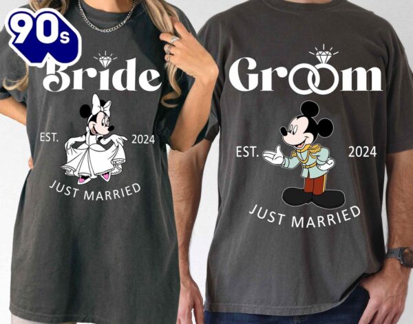 Mickey Minnie Bride and Groom Just Married Shirt Disney Newlywed Couple Tee Disneyland Wedding Trip