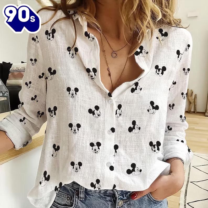 Mickey Mouse Linen-Look Shirt, Disney Mouse Blouse Women Shirt, Cartoon Casual Shirt Mickey Mouse Linen-Look Shirt, Disney Mouse Blouse Women Shirt, Cartoon Casual Shirt