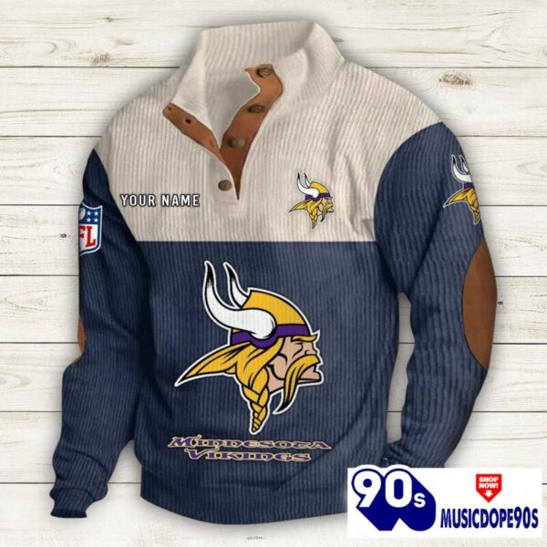 Minnesota Vikings Button Up Shirts Stand Collar Long Sleeve Shirt Elbow Patches
