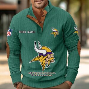 Minnesota Vikings Button Up Shirts Stand Collar Long Sleeve Shirt Elbow Patches