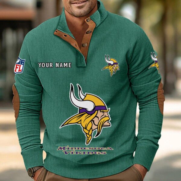 Minnesota Vikings Button Up Shirts Stand Collar Long Sleeve Shirt Elbow Patches