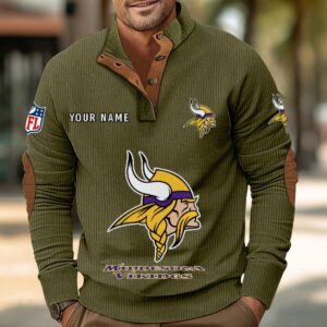 Minnesota Vikings Button Up Shirts Stand Collar Long Sleeve Shirt Elbow Patches