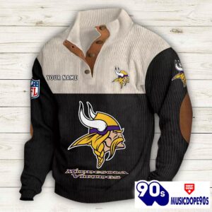 Minnesota Vikings Button Up Shirts Stand Collar Long Sleeve Shirt Elbow Patches