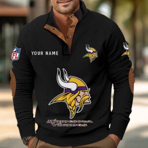 Minnesota Vikings Button Up Shirts Stand Collar Long Sleeve Shirt Elbow Patches