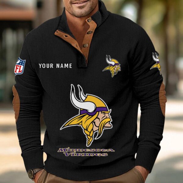 Minnesota Vikings Button Up Shirts Stand Collar Long Sleeve Shirt Elbow Patches