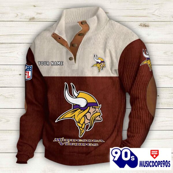 Minnesota Vikings Button Up Shirts Stand Collar Long Sleeve Shirt Elbow Patches