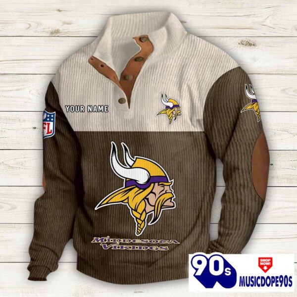 Minnesota Vikings Button Up Shirts Stand Collar Long Sleeve Shirt Elbow Patches