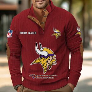 Minnesota Vikings Button Up Shirts Stand Collar Long Sleeve Shirt Elbow Patches