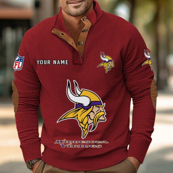 Minnesota Vikings Button Up Shirts Stand Collar Long Sleeve Shirt Elbow Patches
