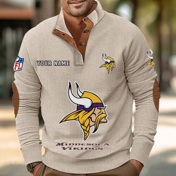 Minnesota Vikings Button Up Shirts Stand Collar Long Sleeve Shirt Elbow Patches