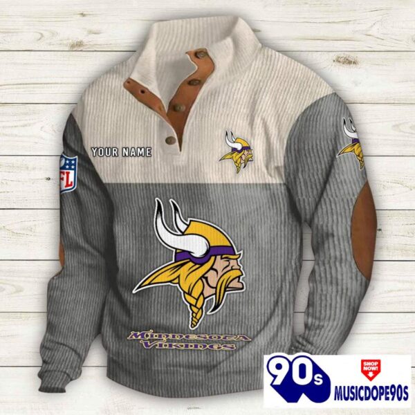 Minnesota Vikings Button Up Shirts Stand Collar Long Sleeve Shirt Elbow Patches