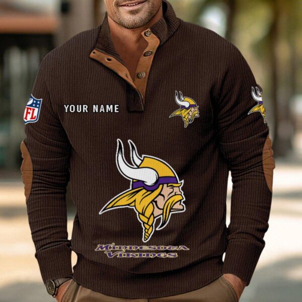 Minnesota Vikings Button Up Shirts Stand Collar Long Sleeve Shirt Elbow Patches