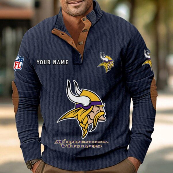 Minnesota Vikings Button Up Shirts Stand Collar Long Sleeve Shirt Elbow Patches