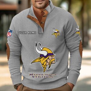 Minnesota Vikings Button Up Shirts Stand Collar Long Sleeve Shirt Elbow Patches