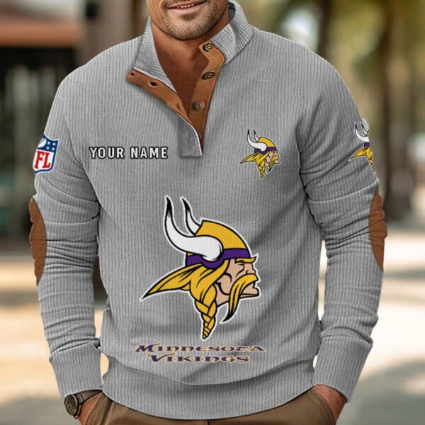 Minnesota Vikings Button Up Shirts Stand Collar Long Sleeve Shirt Elbow Patches