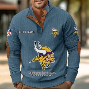 Minnesota Vikings Button Up Shirts Stand Collar Long Sleeve Shirt Elbow Patches