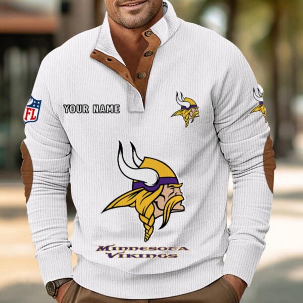 Minnesota Vikings Button Up Shirts Stand Collar Long Sleeve Shirt Elbow Patches