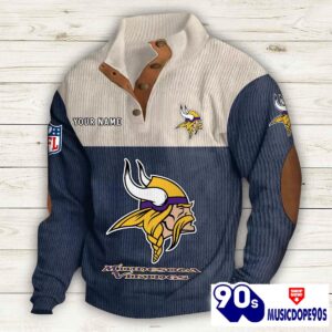 Minnesota Vikings Button Up Shirts Stand Collar Long Sleeve Shirt Elbow Patches