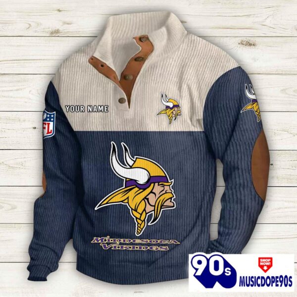 Minnesota Vikings Button Up Shirts Stand Collar Long Sleeve Shirt Elbow Patches