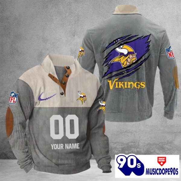 Minnesota Vikings Vintage Button Up Shirts Stand Collar Long Sleeve Shirt Elbow Patches