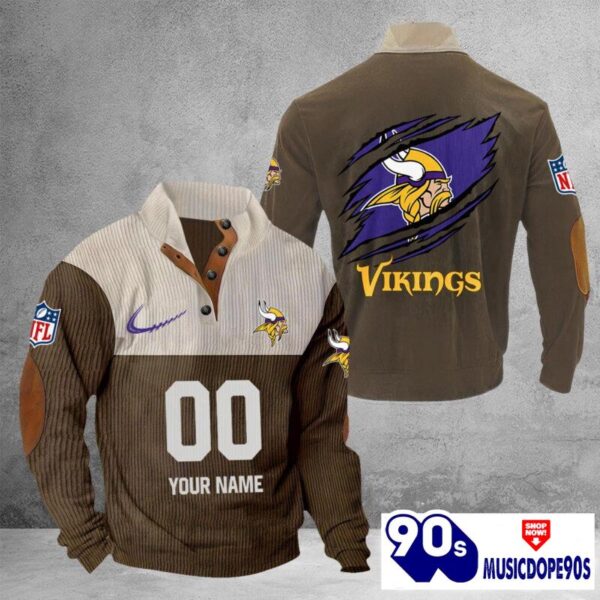 Minnesota Vikings Vintage Button Up Shirts Stand Collar Long Sleeve Shirt Elbow Patches