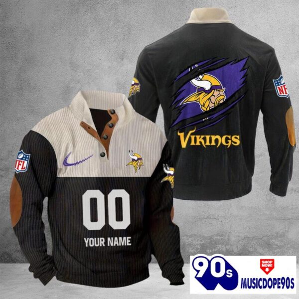 Minnesota Vikings Vintage Button Up Shirts Stand Collar Long Sleeve Shirt Elbow Patches