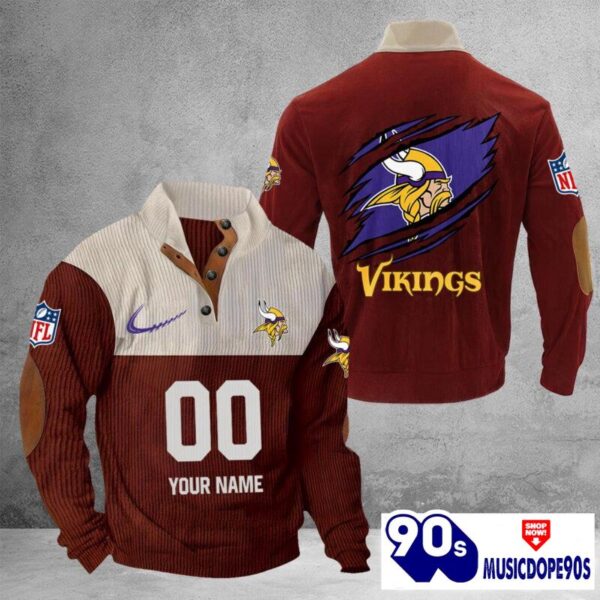 Minnesota Vikings Vintage Button Up Shirts Stand Collar Long Sleeve Shirt Elbow Patches