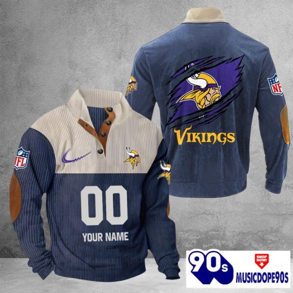Minnesota Vikings Vintage Button Up Shirts Stand Collar Long Sleeve Shirt Elbow Patches