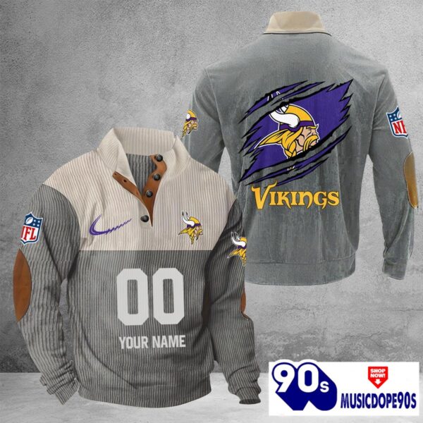 Minnesota Vikings Vintage Button Up Shirts Stand Collar Long Sleeve Shirt Elbow Patches