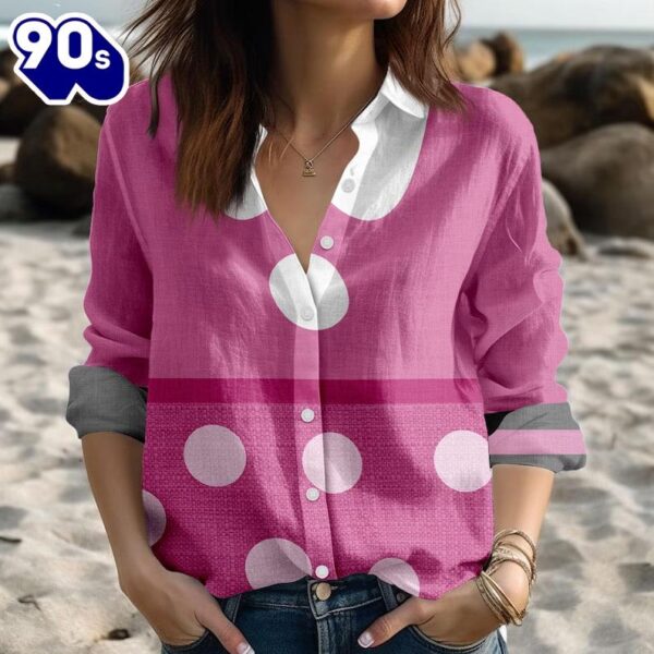 Minnie Mouse Blouse Shirt, Pink Polka Dot Women Shirt