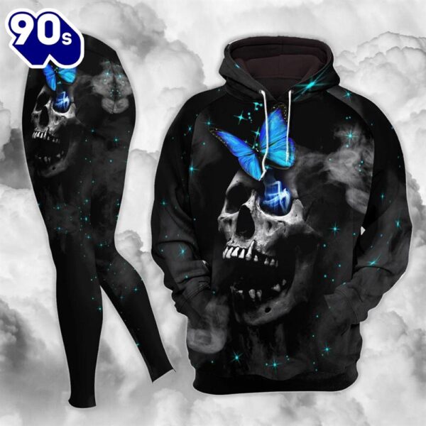 Neon Blue Butterfly Skull Combo Hoodie And Leggings