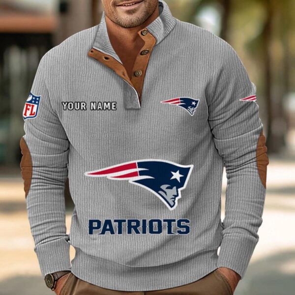 New England Patriots Button Up Shirts Stand Collar Long Sleeve Shirt Elbow Patches