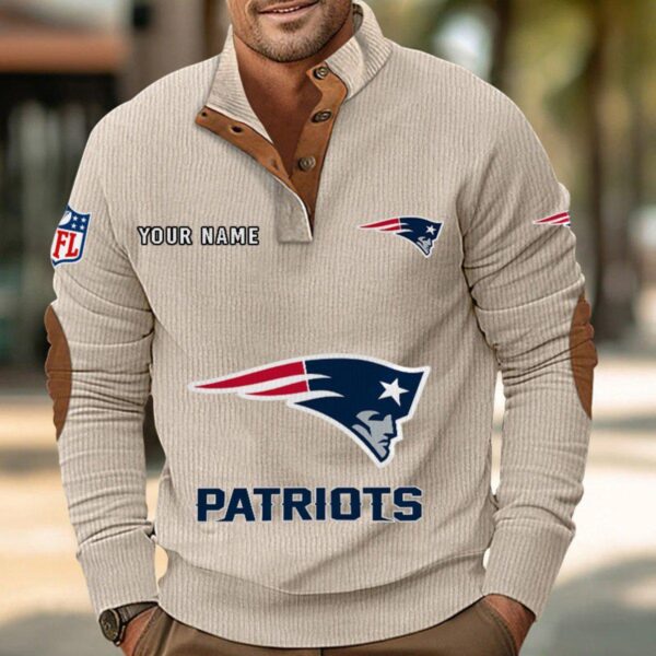 New England Patriots Button Up Shirts Stand Collar Long Sleeve Shirt Elbow Patches