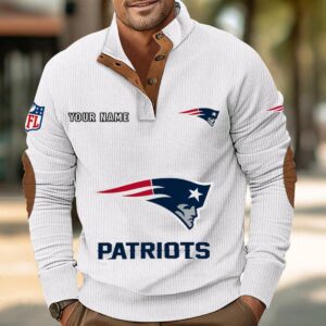 New England Patriots Button Up Shirts Stand Collar Long Sleeve Shirt Elbow Patches