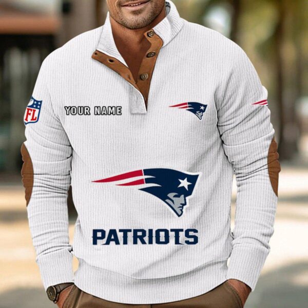 New England Patriots Button Up Shirts Stand Collar Long Sleeve Shirt Elbow Patches