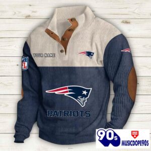 New England Patriots Button Up Shirts Stand Collar Long Sleeve Shirt Elbow Patches