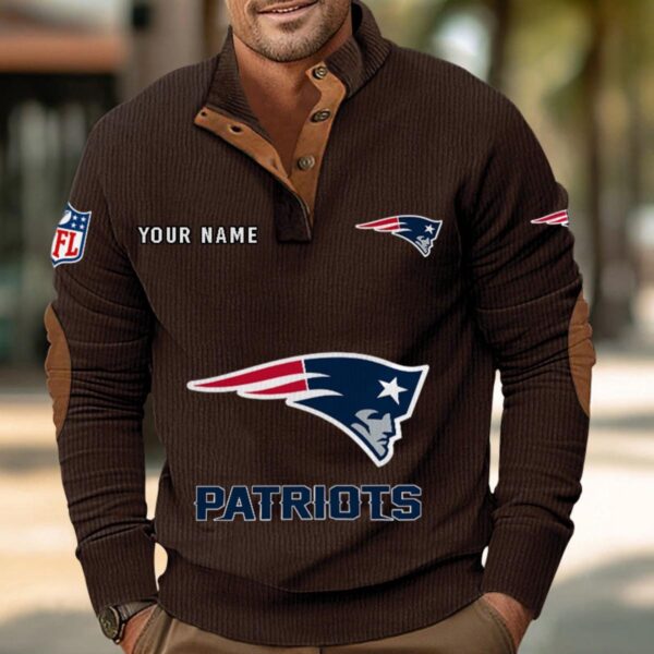 New England Patriots Button Up Shirts Stand Collar Long Sleeve Shirt Elbow Patches
