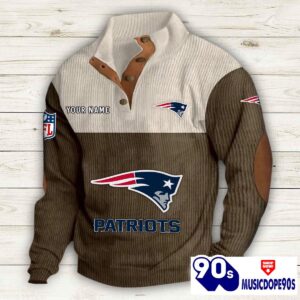 New England Patriots Button Up Shirts Stand Collar Long Sleeve Shirt Elbow Patches