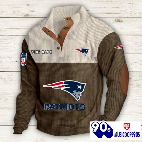 New England Patriots Button Up Shirts Stand Collar Long Sleeve Shirt Elbow Patches