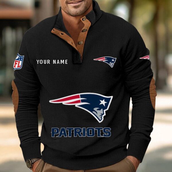 New England Patriots Button Up Shirts Stand Collar Long Sleeve Shirt Elbow Patches