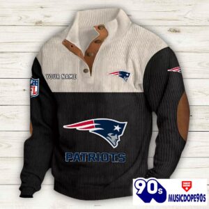 New England Patriots Button Up Shirts Stand Collar Long Sleeve Shirt Elbow Patches