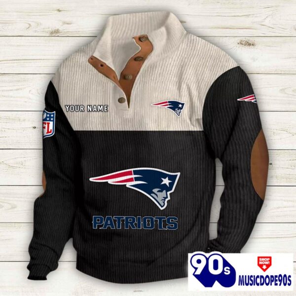 New England Patriots Button Up Shirts Stand Collar Long Sleeve Shirt Elbow Patches