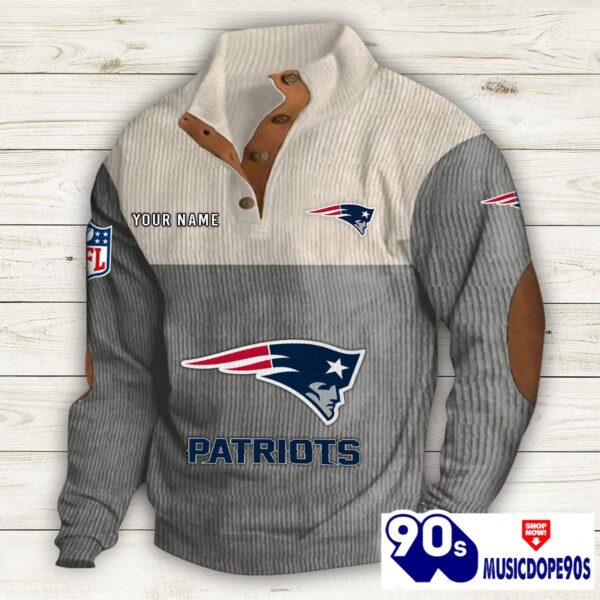 New England Patriots Button Up Shirts Stand Collar Long Sleeve Shirt Elbow Patches