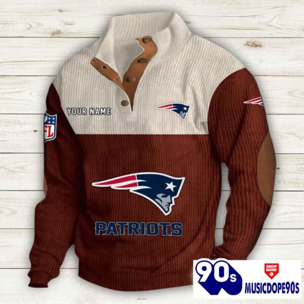New England Patriots Button Up Shirts Stand Collar Long Sleeve Shirt Elbow Patches