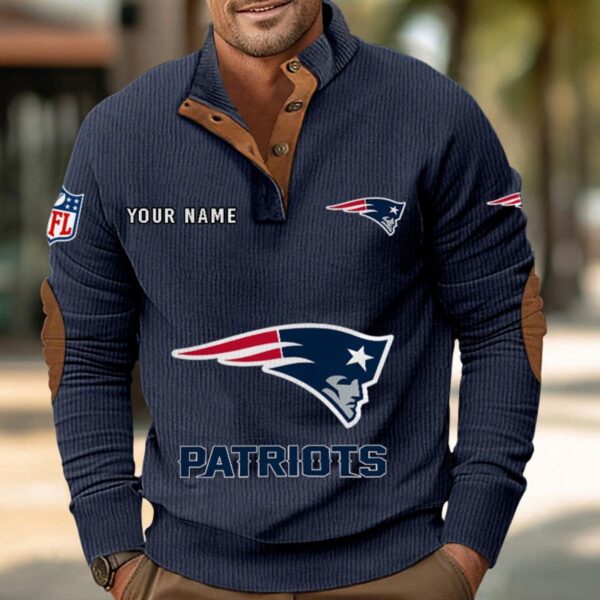 New England Patriots Button Up Shirts Stand Collar Long Sleeve Shirt Elbow Patches